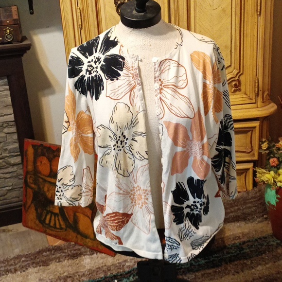 Womens Knit Sweater button up flower print b1 - Picture 3 of 12